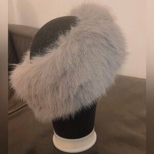 Grey Faux Fur Headband Ear Warmer Fluffy Plush Winter Cozy Women’s